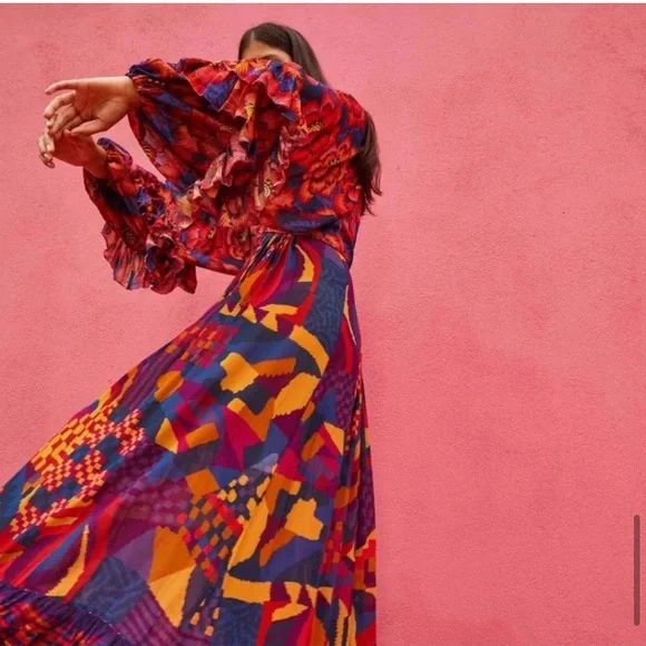 NWT Farm Rio Blue Abstract Patches Maxi Dress - Picture 4 of 5